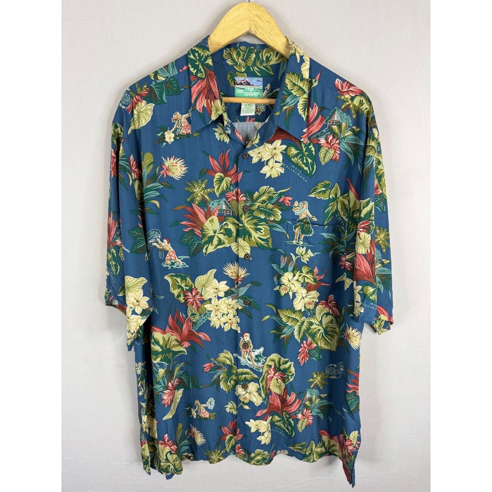 Reyn Spooner Mele Kalikimaka Christmas Hawaiian Shirt XXL Blue Surfing Santa